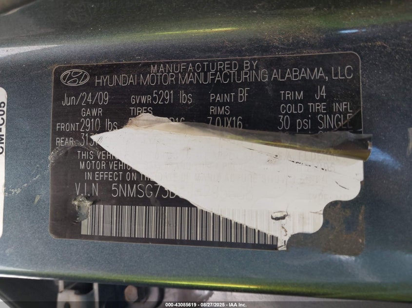 2009 Hyundai Santa Fe Gls VIN: 5NMSG73D09H295688 Lot: 43085619