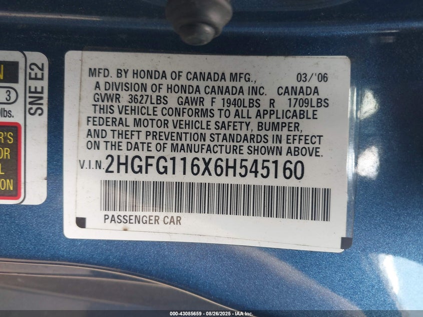 2HGFG116X6H545160 2006 HONDA CIVIC photo no. 9