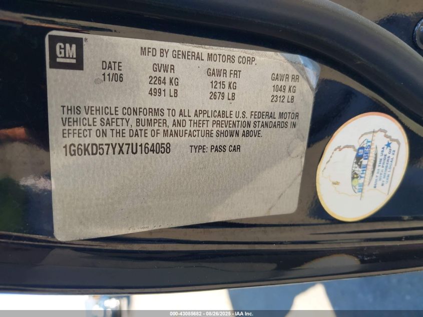 2007 Cadillac Dts V8 VIN: 1G6KD57YX7U164058 Lot: 43085682