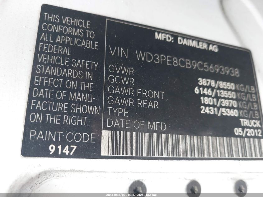 2012 Mercedes-Benz Sprinter 2500 High Roof VIN: WD3PE8CB9C5693938 Lot: 43085709