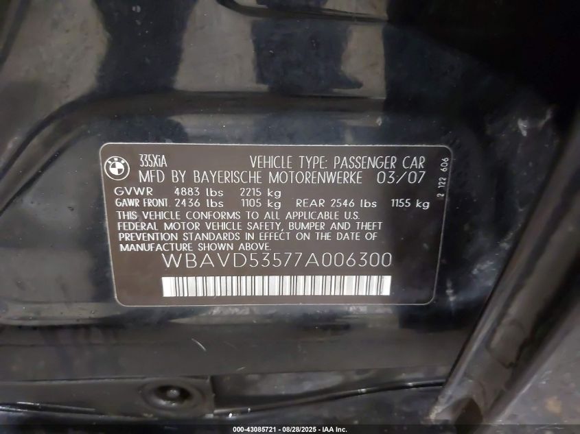 2007 BMW 335Xi VIN: WBAVD53577A006300 Lot: 43085721