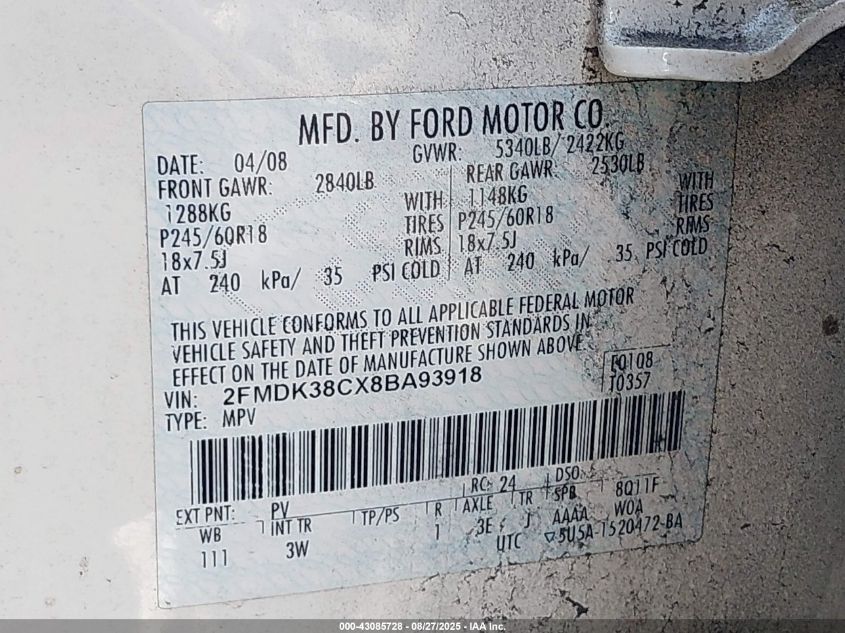 2008 Ford Edge Sel VIN: 2FMDK38CX8BA93918 Lot: 43085728