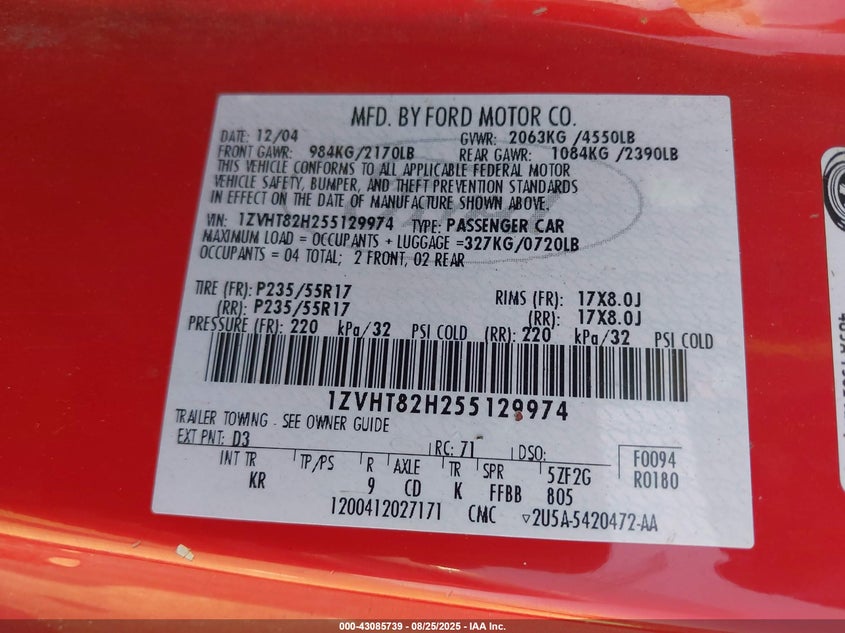 2005 Ford Mustang Gt Deluxe/Gt Premium VIN: 1ZVHT82H255129974 Lot: 43085739