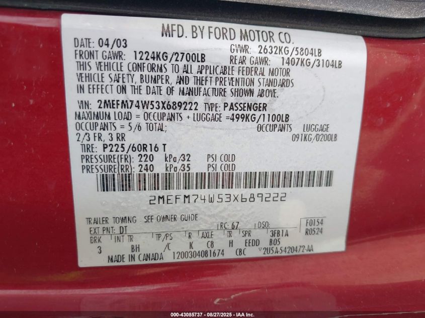 2003 Mercury Grand Marquis Gs VIN: 2MEFM74W53X689222 Lot: 43085737