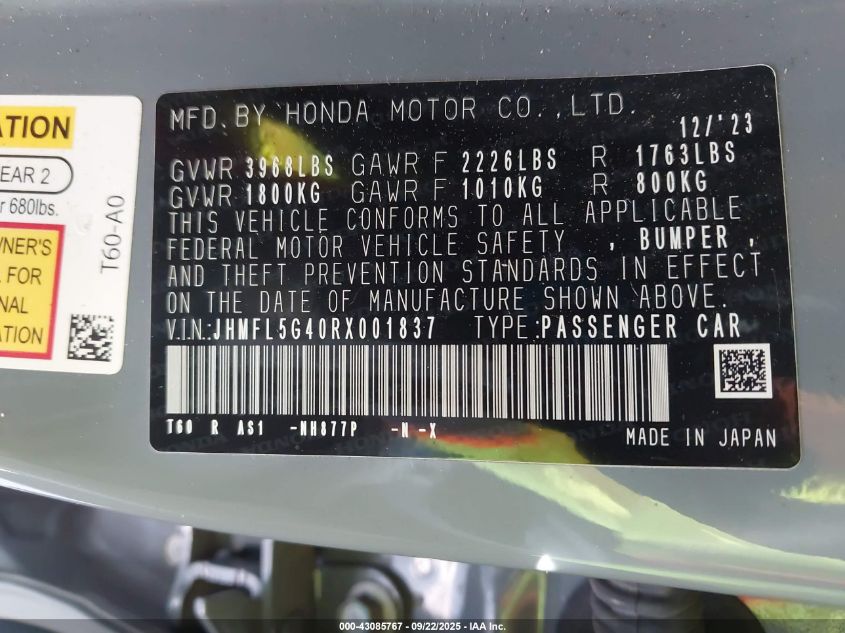 2024 Honda Civic Type R Type-R VIN: JHMFL5G40RX001837 Lot: 43085767