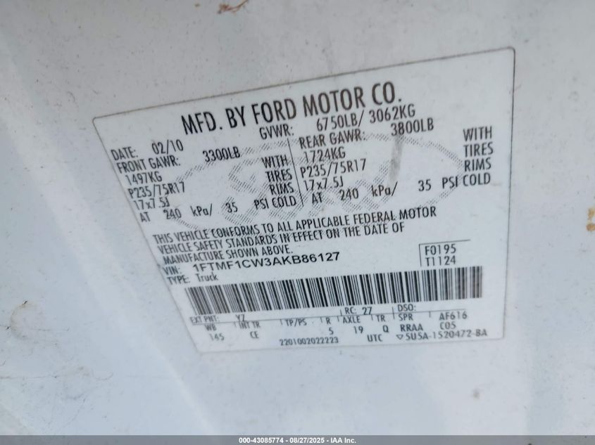 2010 Ford F-150 Xl VIN: 1FTMF1CW3AKB86127 Lot: 43085774