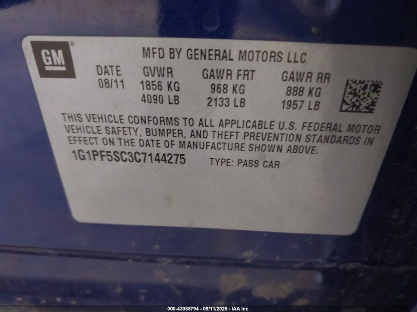 2012 Chevrolet Cruze 1Lt VIN: 1G1PF5SC3C7144275 Lot: 43085794