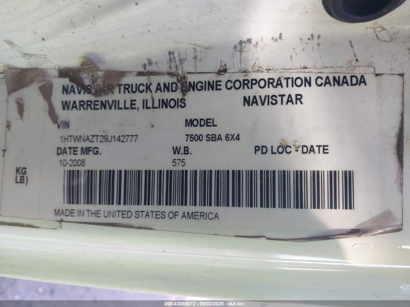 2009 International 7000 7500 VIN: 1HTWNAZT29J142777 Lot: 43085872