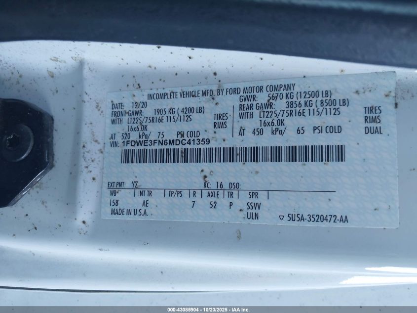 2021 Ford E-350 Cutaway VIN: 1FDWE3FN6MDC41359 Lot: 43085904