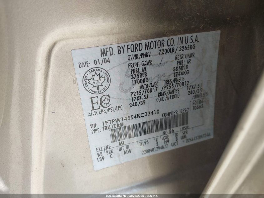 2004 Ford F-150 Fx4/Lariat/Xlt VIN: 1FTPW14554KC33410 Lot: 43085976