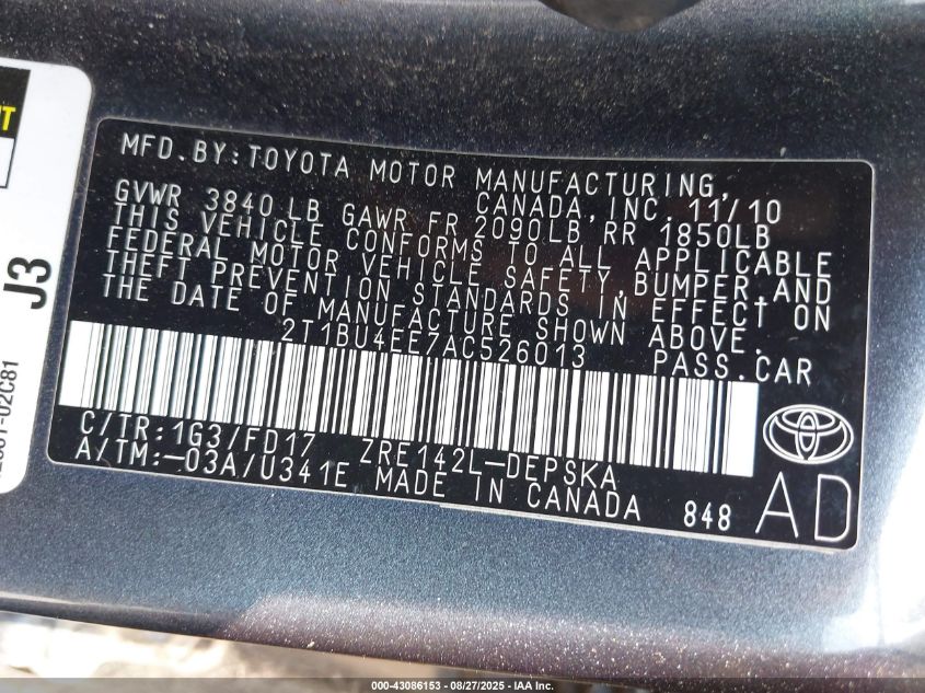 2010 Toyota Corolla S VIN: 2T1BU4EE7AC526013 Lot: 43086153