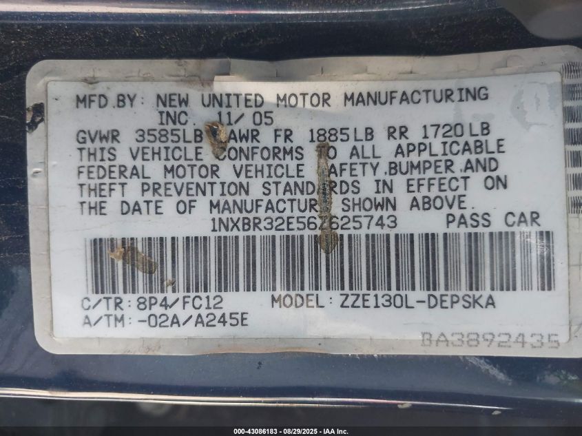 2006 Toyota Corolla Ce/Le/S VIN: 1NXBR32E56Z625743 Lot: 43086183