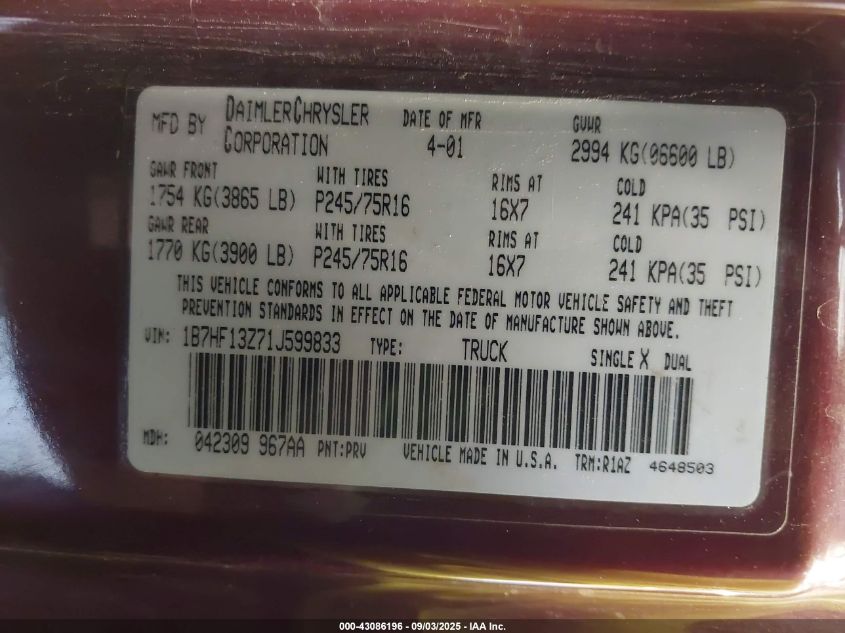 2000 Dodge Ram 2500 St VIN: 1B7KF23W2YJ157702 Lot: 43086196