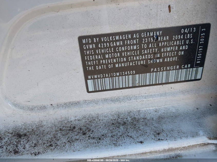 2013 VOLKSWAGEN GTI DRIVERS EDITION WVWHD7AJ1DW134509