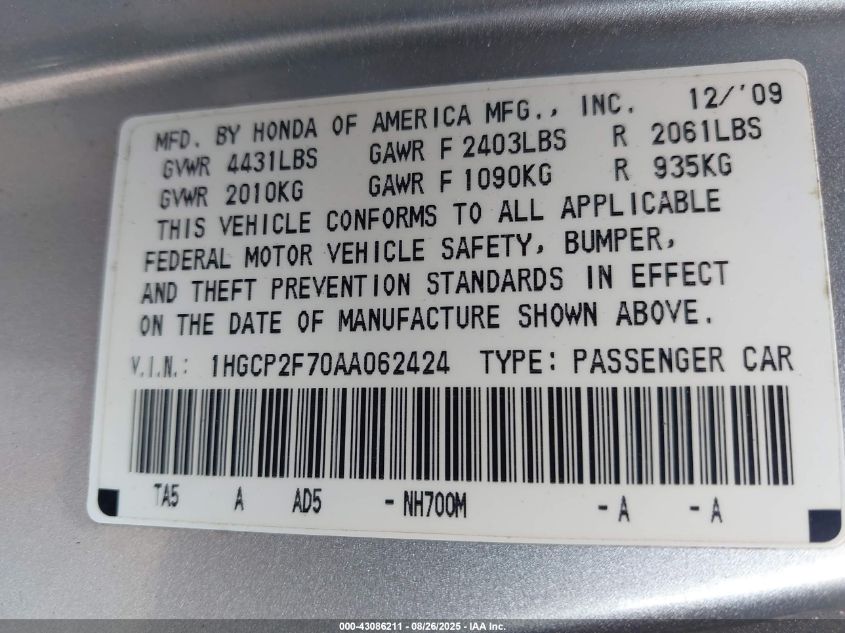 2010 Honda Accord Ex VIN: 1HGCP2F70AA062424 Lot: 43086211