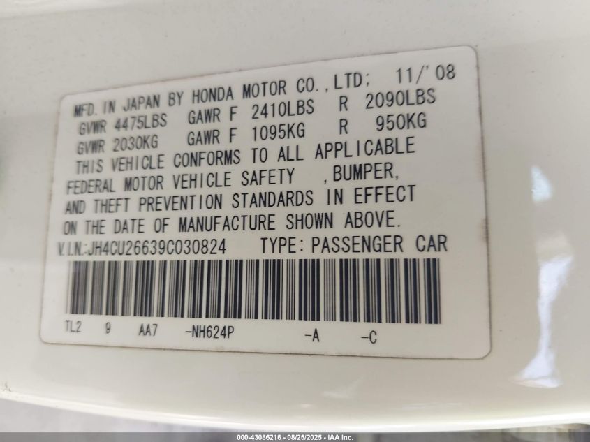 2009 Acura Tsx VIN: JH4CU26639C030824 Lot: 43086216