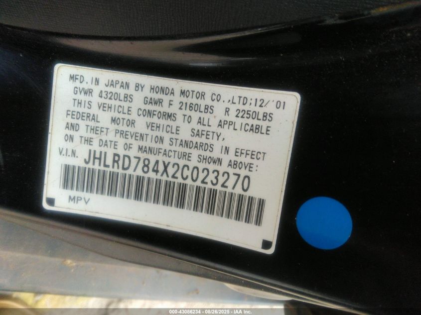 2002 Honda Cr-V Lx VIN: JHLRD784X2C023270 Lot: 43086234