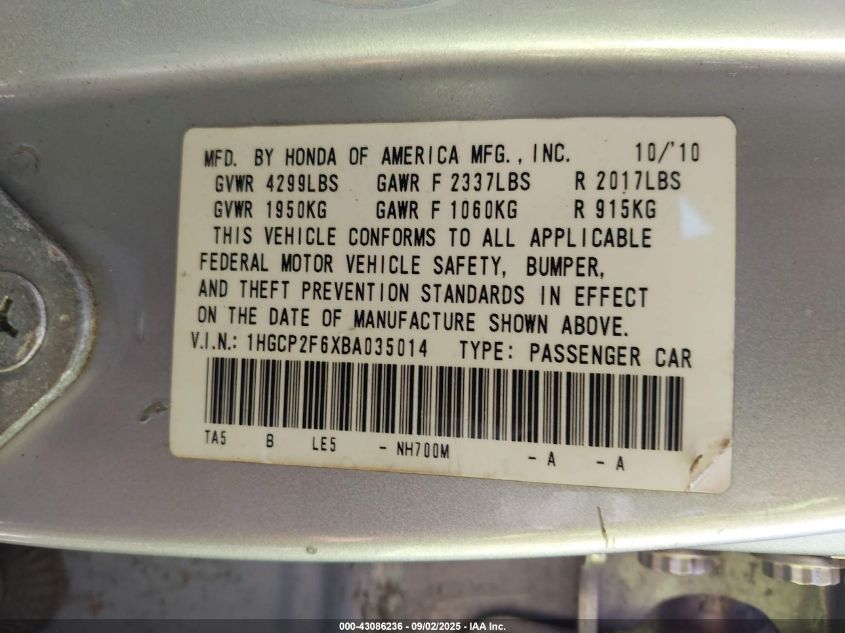 2011 Honda Accord 2.4 Se VIN: 1HGCP2F6XBA035014 Lot: 43086236