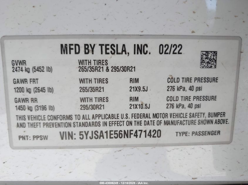 2022 Tesla Model S Dual Motor All-Wheel Drive VIN: 5YJSA1E56NF471420 Lot: 43086249