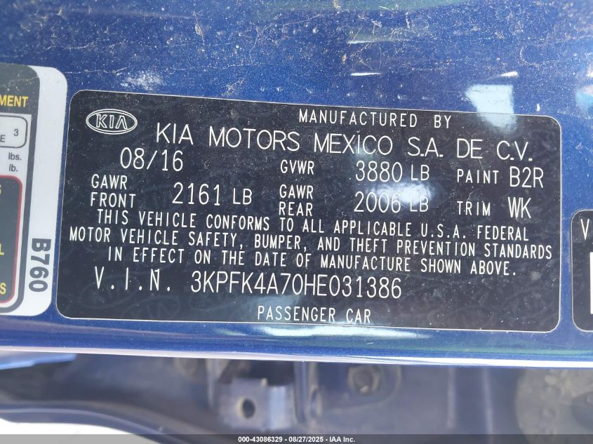 2017 Kia Forte Lx VIN: 3KPFK4A70HE031386 Lot: 43086329
