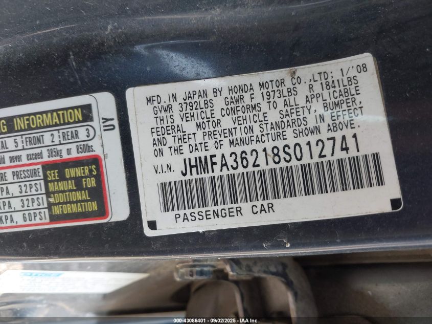 2008 Honda Civic Hybrid VIN: JHMFA36218S012741 Lot: 43086401