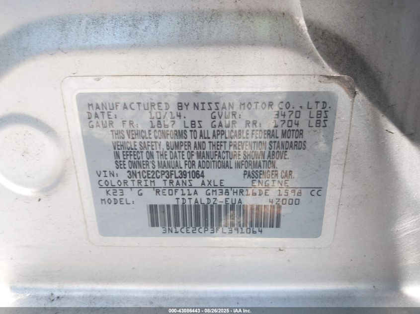 2015 Nissan Versa Note S (Sr)/S Plus/Sl/Sr/Sv VIN: 3N1CE2CP3FL391064 Lot: 43086443