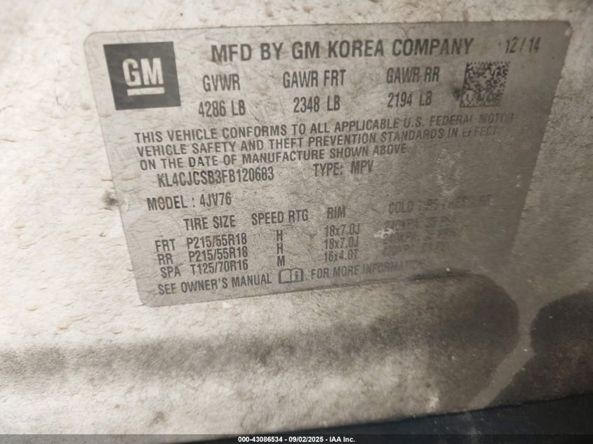 2015 Buick Encore Leather VIN: KL4CJCSB3FB120683 Lot: 43086534