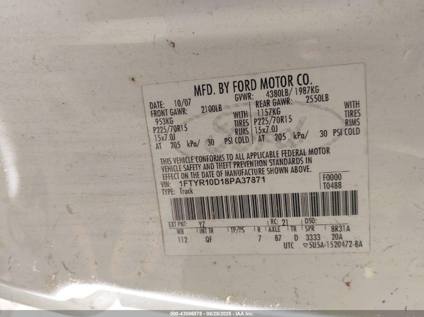 2008 Ford Ranger Xl/Xlt VIN: 1FTYR10D18PA37871 Lot: 43086578