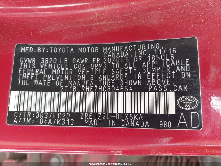 2017 Toyota Corolla Se VIN: 2T1BURHE7HC804654 Lot: 43086580