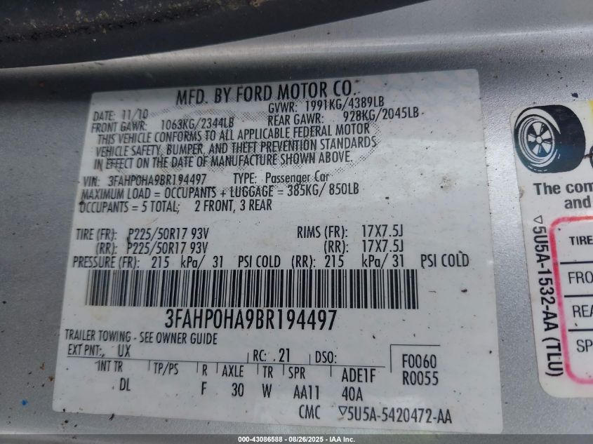 2011 Ford Fusion Se VIN: 3FAHP0HA9BR194497 Lot: 43086588