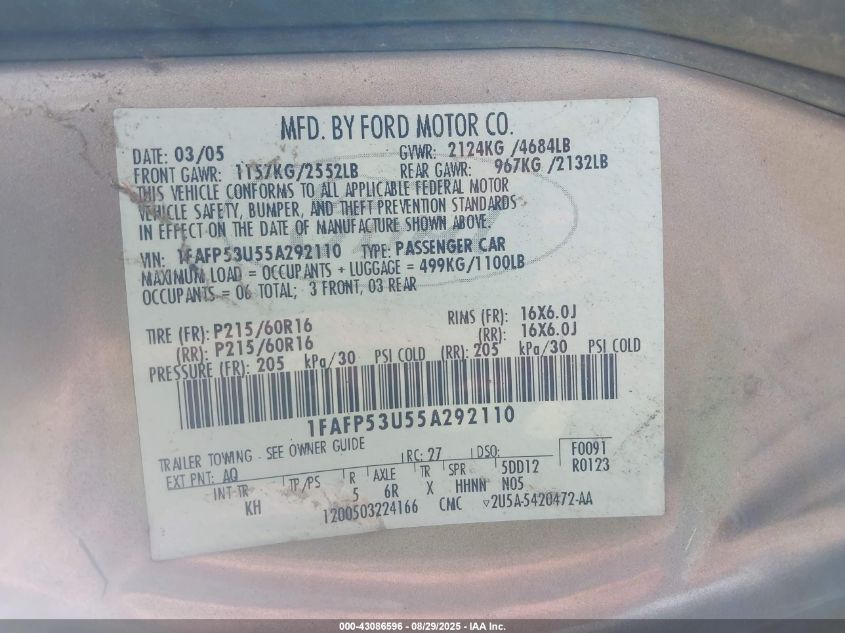 2005 Ford Taurus Se VIN: 1FAFP53U55A292110 Lot: 43086596