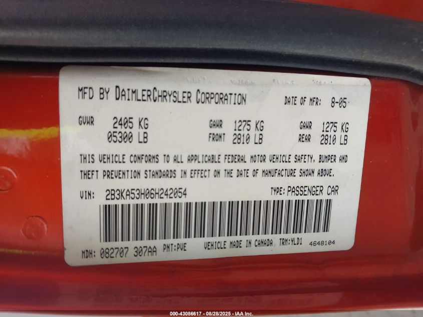 2006 Dodge Charger Rt VIN: 2B3KA53H06H242054 Lot: 43086617