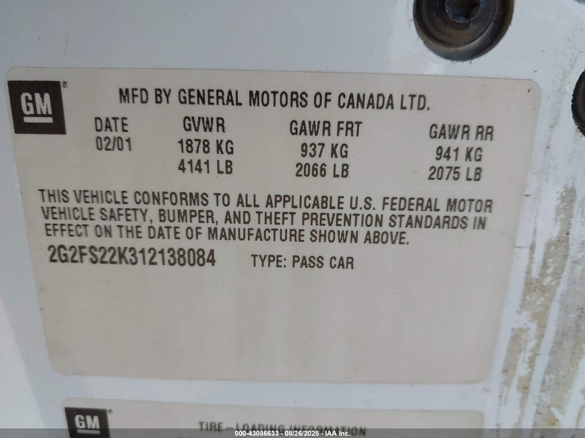 2001 Pontiac Firebird VIN: 2G2FS22K312138084 Lot: 43086633