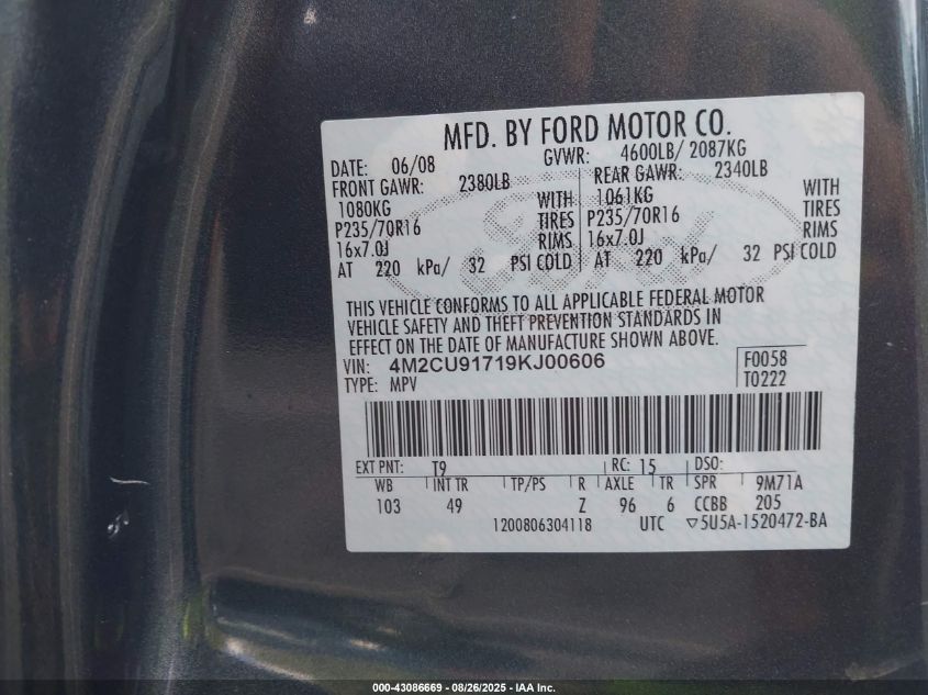 2009 Mercury Mariner I4 VIN: 4M2CU91719KJ00606 Lot: 43086669