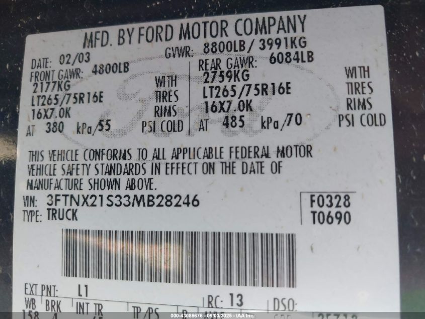 2003 Ford F-250 Lariat/Xl/Xlt VIN: 3FTNX21S33MB28246 Lot: 43086676