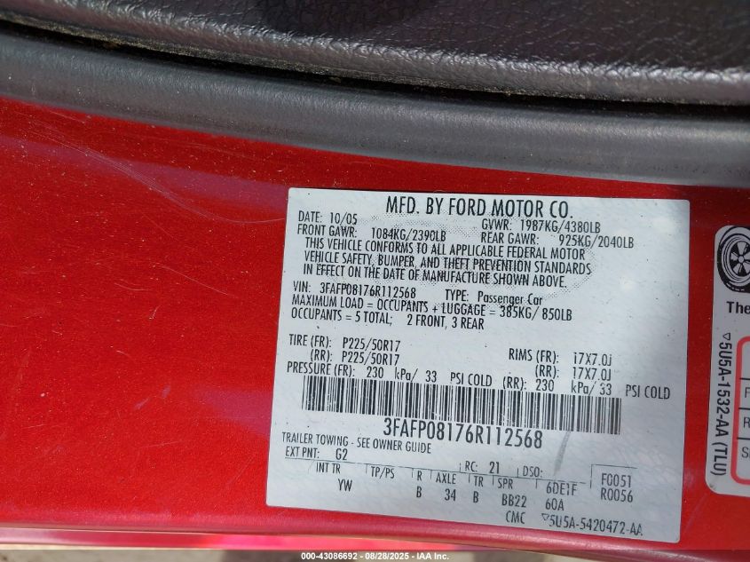 2006 Ford Fusion Sel VIN: 3FAFP08176R112568 Lot: 43086692