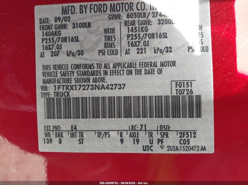 2003 Ford F-150 Xl/Xlt VIN: 1FTRX17273NA42737 Lot: 43086702