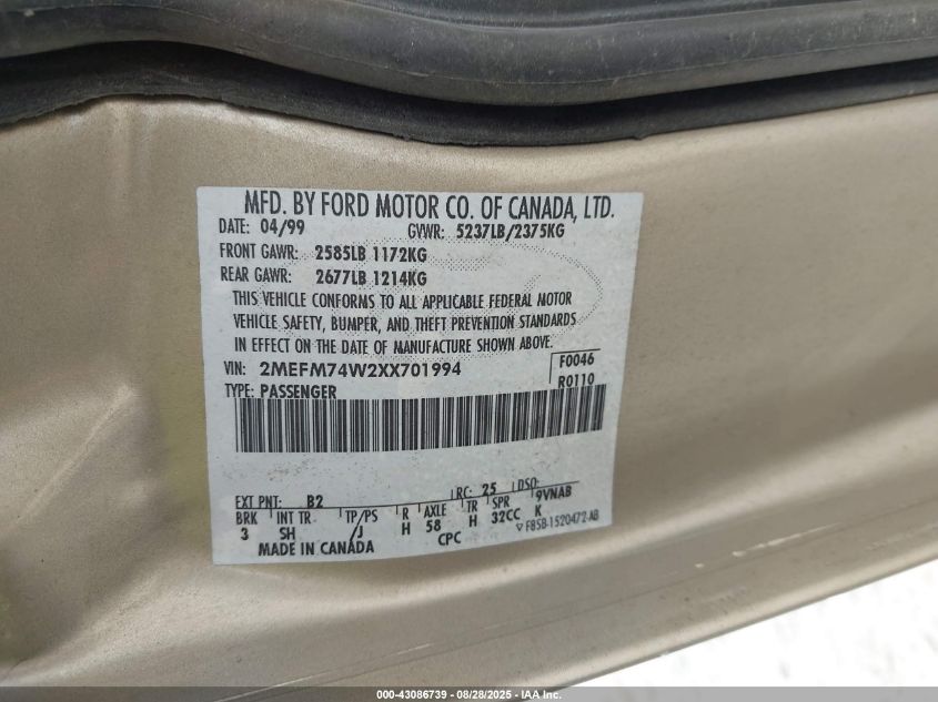 1999 Mercury Grand Marquis Gs VIN: 2MEFM74W2XX701994 Lot: 43086739
