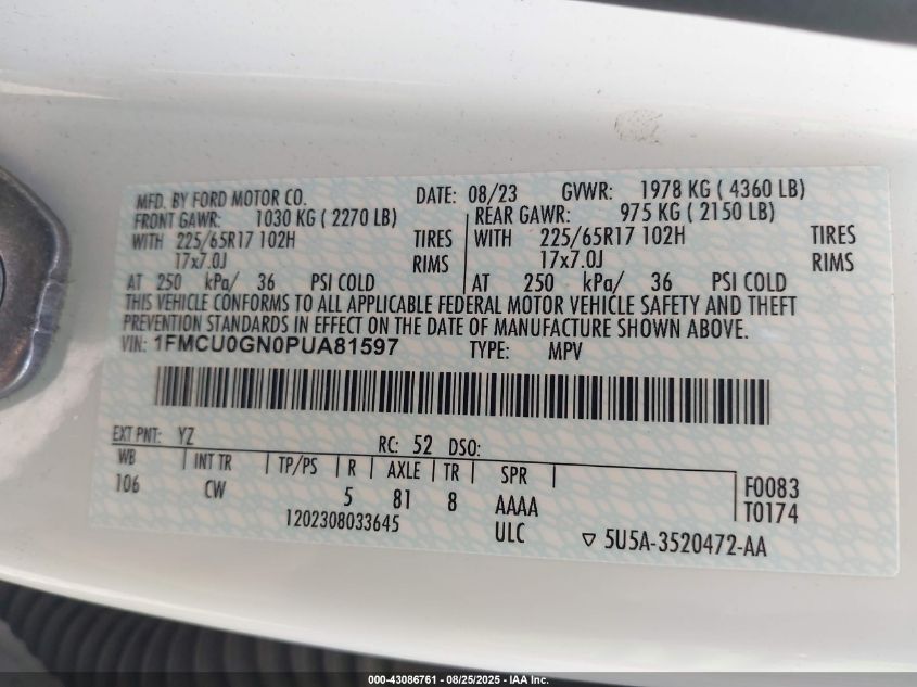 2023 Ford Escape Active VIN: 1FMCU0GN0PUA81597 Lot: 43086761