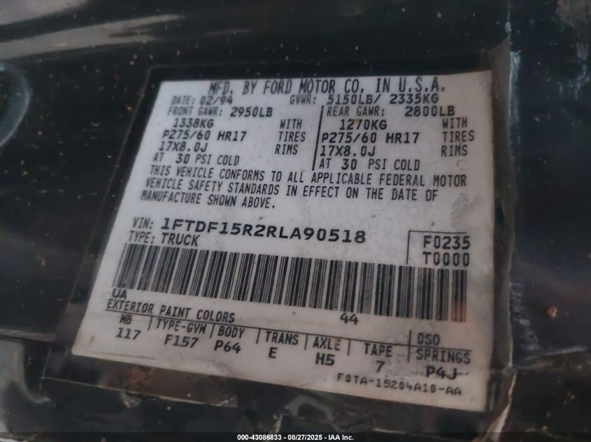1994 Ford F150 VIN: 1FTDF15R2RLA90518 Lot: 43086833