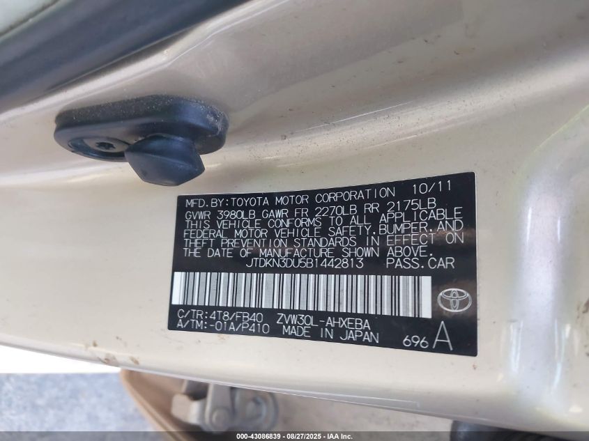 2011 Toyota Prius Three VIN: JTDKN3DU5B1442813 Lot: 43086839