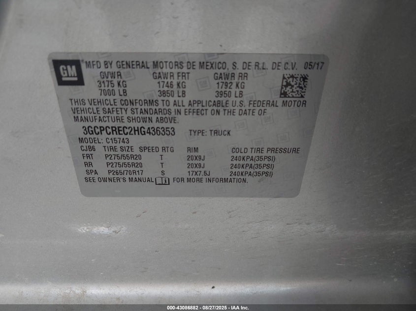2017 Chevrolet Silverado 1500 1Lt VIN: 3GCPCREC2HG436353 Lot: 43086882