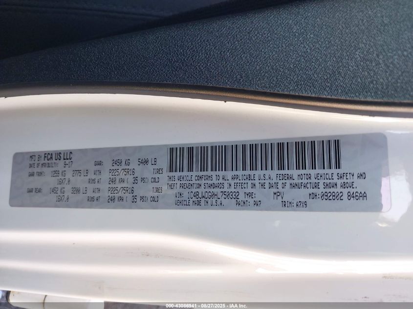 2017 Jeep Wrangler Unlimited Sport 4X4 VIN: 1C4BJWDG0HL750332 Lot: 43086941