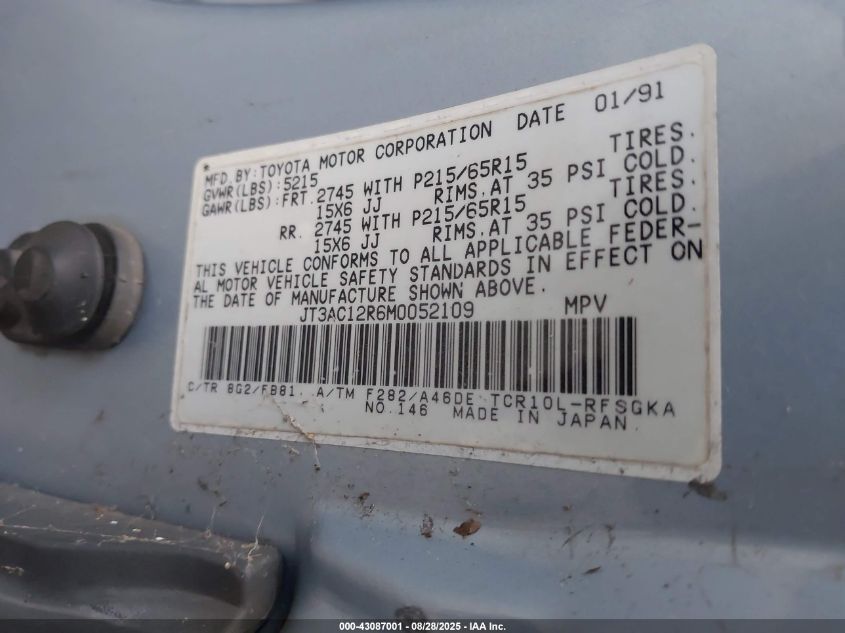 1991 Toyota Previa Le VIN: JT3AC12R6M0052109 Lot: 43087001