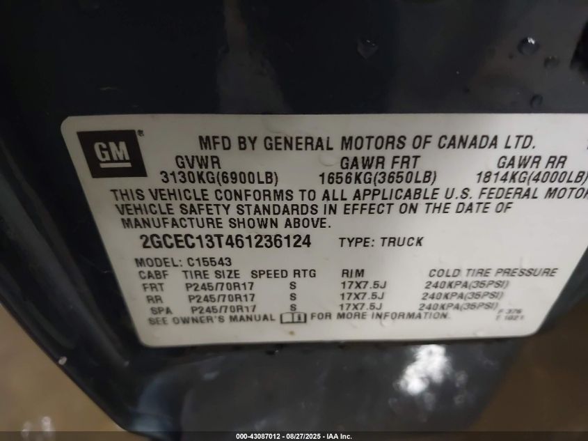 2006 Chevrolet Silverado 1500 Lt2 VIN: 2GCEC13T461236124 Lot: 43087012