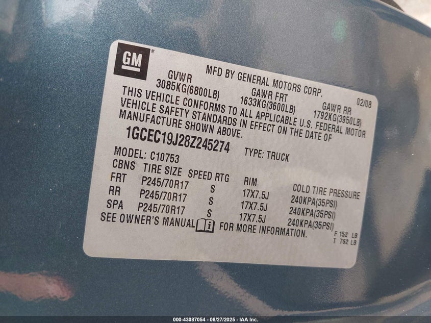 2008 Chevrolet Silverado 1500 Lt1 VIN: 1GCEC19J28Z245274 Lot: 43087054