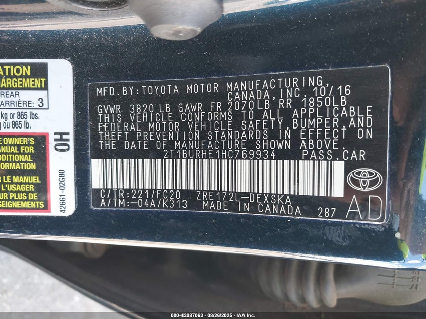 2017 Toyota Corolla Se VIN: 2T1BURHE1HC769934 Lot: 43087063