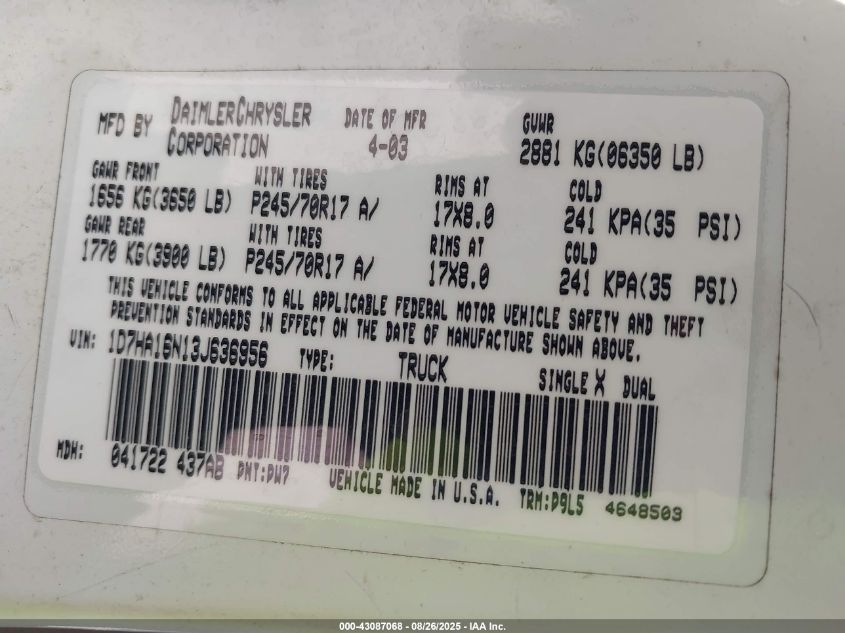 2003 Dodge Ram 1500 Slt/Laramie/St VIN: 1D7HA16N13J636956 Lot: 43087068