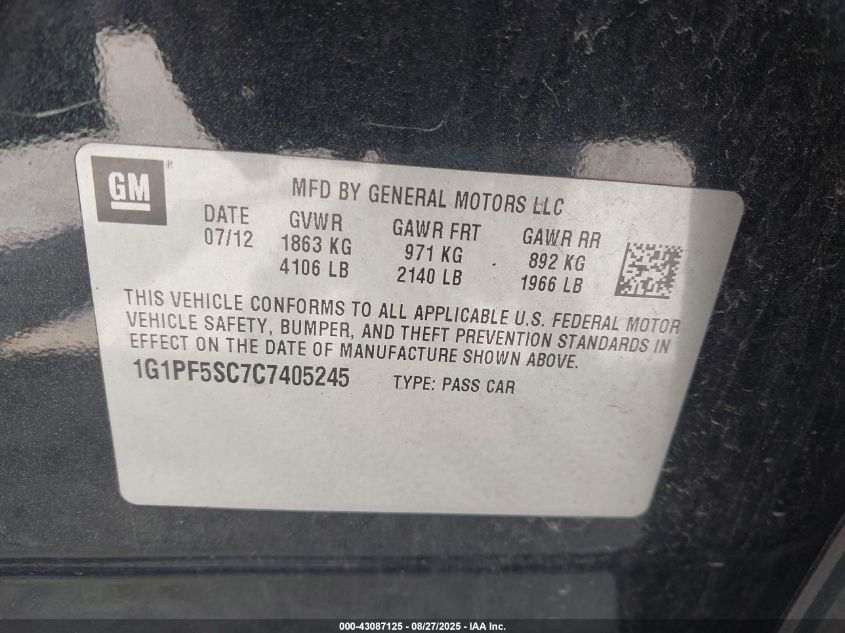 2012 Chevrolet Cruze 1Lt VIN: 1G1PF5SC7C7405245 Lot: 43087125