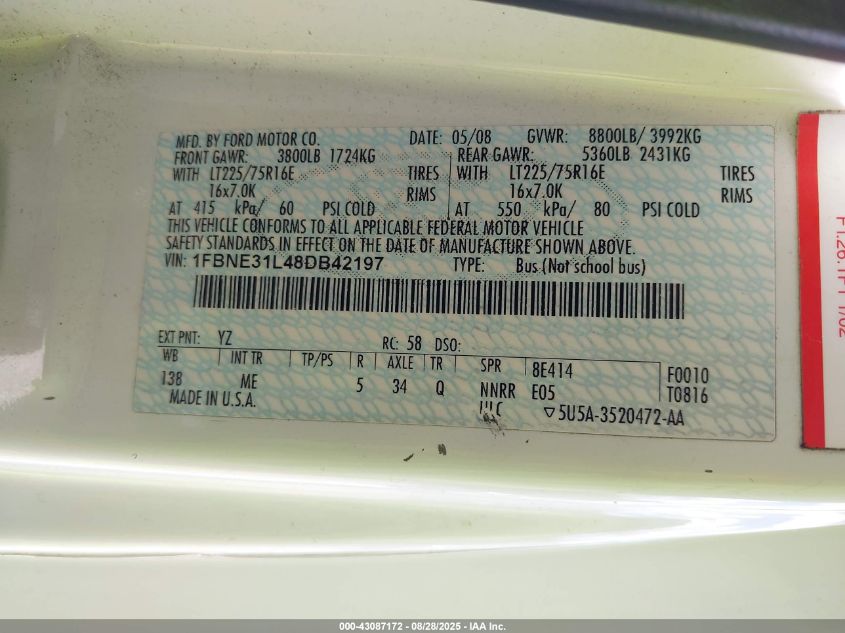 2008 Ford E-350 Super Duty Xl/Xlt VIN: 1FBNE31L48DB42197 Lot: 43087172